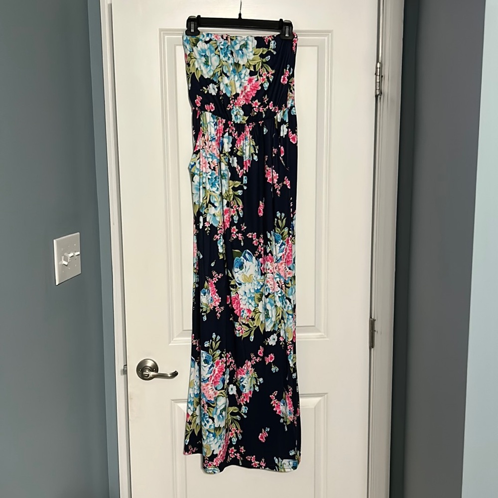 Strapless  Summer Floral Blue dress with pockets